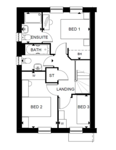 Three-bedroom house floor plan with ensuite and bathroom.