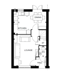 Ground floor layout with kitchen, dining, and lounge.