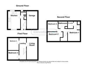 Three-floor house plan with five bedrooms.