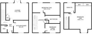 Three-storey house floor plan with room dimensions.