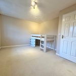 Empty bedroom with loft bed and beige carpet.