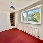 Empty room with red carpet and large window.