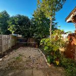 Sunny garden with gravel and trees