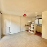 Open-plan room with kitchen and carpet floor.