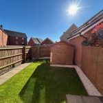 Sunny garden with shed and wooden fence.