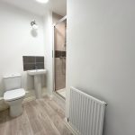 Modern bathroom with toilet, sink, and shower.