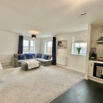 Modern living room with grey sofa and kitchen area.