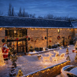 Festive house with Christmas lights and decorations.