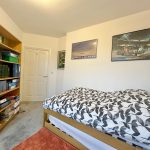 Bedroom with bed, bookshelf, and wall posters.