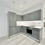 Modern kitchen with grey cabinets and appliances