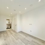 Empty room with wooden floor and bathroom view.
