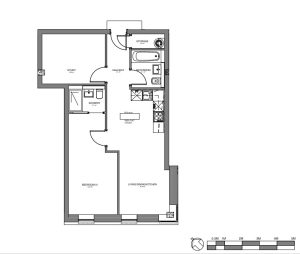 One-bedroom flat floor plan with study room.