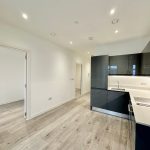 Modern kitchen with hardwood floors and sleek cabinets