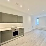 Modern kitchen with grey cabinets and wood flooring.