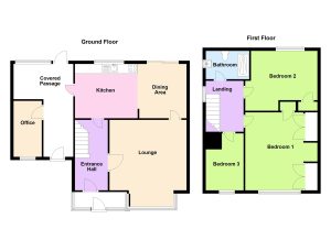 Two-storey house floor plan with three bedrooms.