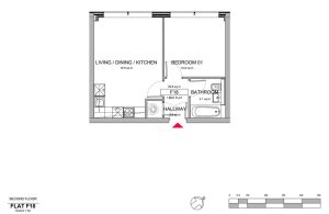 One-bedroom flat floor plan with measurements.