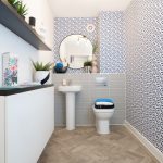 Modern bathroom with geometric wallpaper and plants.