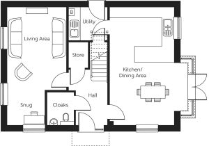 Ground floor house plan with kitchen and living area.