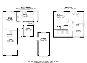 Two-floor house plan with dimensions and room labels.