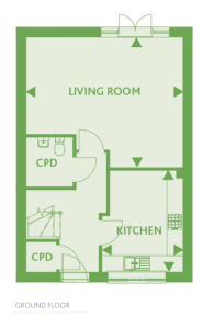 Ground floor plan with living room and kitchen.