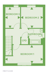 First floor plan with three bedrooms and bathroom.