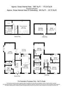 Three-storey house floor plan with outbuilding layout.
