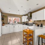 Modern kitchen with white cabinets and island.