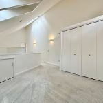 Spacious attic with skylights and white built-in closet.