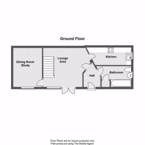 Ground floor layout with dining, lounge, kitchen, bathroom.