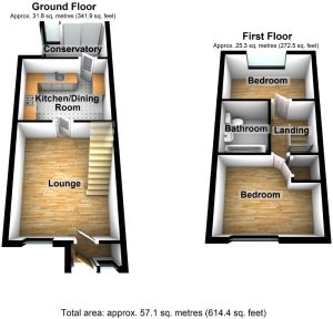 Two-storey floor plan with conservatory, bedrooms, lounge.