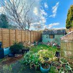Cosy garden with shed and plants in winter.