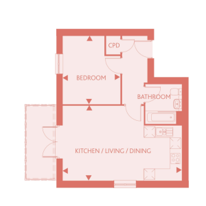 One-bedroom flat floor plan with bathroom and kitchen.