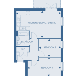 Two-bedroom flat floor plan with open kitchen.