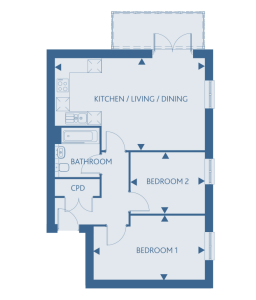 Two-bedroom flat layout with kitchen and bathroom.
