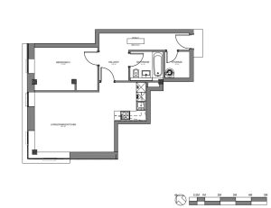 One-bedroom flat floor plan with kitchen and bathroom.