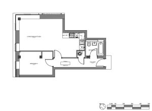 One-bedroom flat floor plan with kitchen, bathroom.