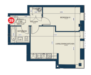 One-bedroom flat floor plan with dimensions.