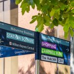 Signpost directing to Station Square and shopping.