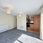 Modern flat with grey carpet and kitchen area