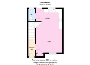 Ground floor plan with kitchen, lounge, WC.