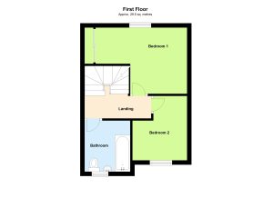 First floor plan with bedrooms, bathroom, landing.
