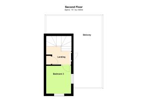Second floor plan with landing, balcony, bedroom three.