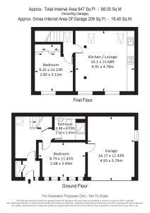 House floor plan with dimensions, two floors.