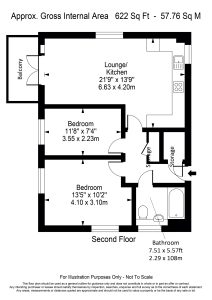 Two-bedroom flat floor plan with balcony.