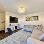 Modern living room with grey sofa and TV.
