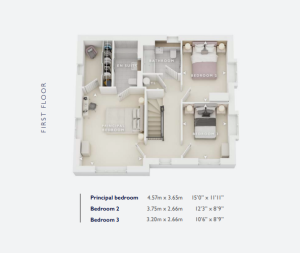 First floor plan: three bedrooms, bathroom, en suite.