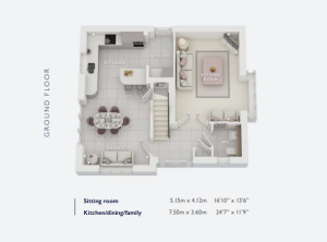 Ground floor plan with kitchen and sitting room.