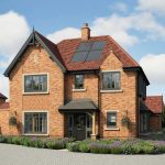 Modern brick house with solar panels and garden.