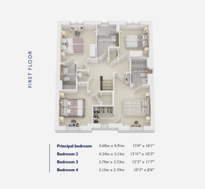 First floor layout with four bedrooms and bathrooms.