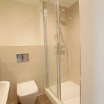 Modern bathroom with glass shower and toilet.